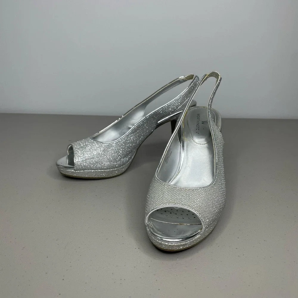 Worthington Pump Heels Slingback‎ Ankle Strap Open Toe Studded Silver Size 6.5